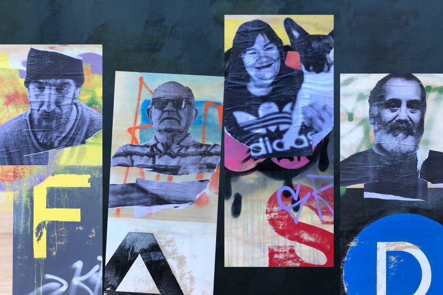 Four panels of street art, each with a wheatpasted portrait of a subject from the documentary and one of the letters F, A, S, D.